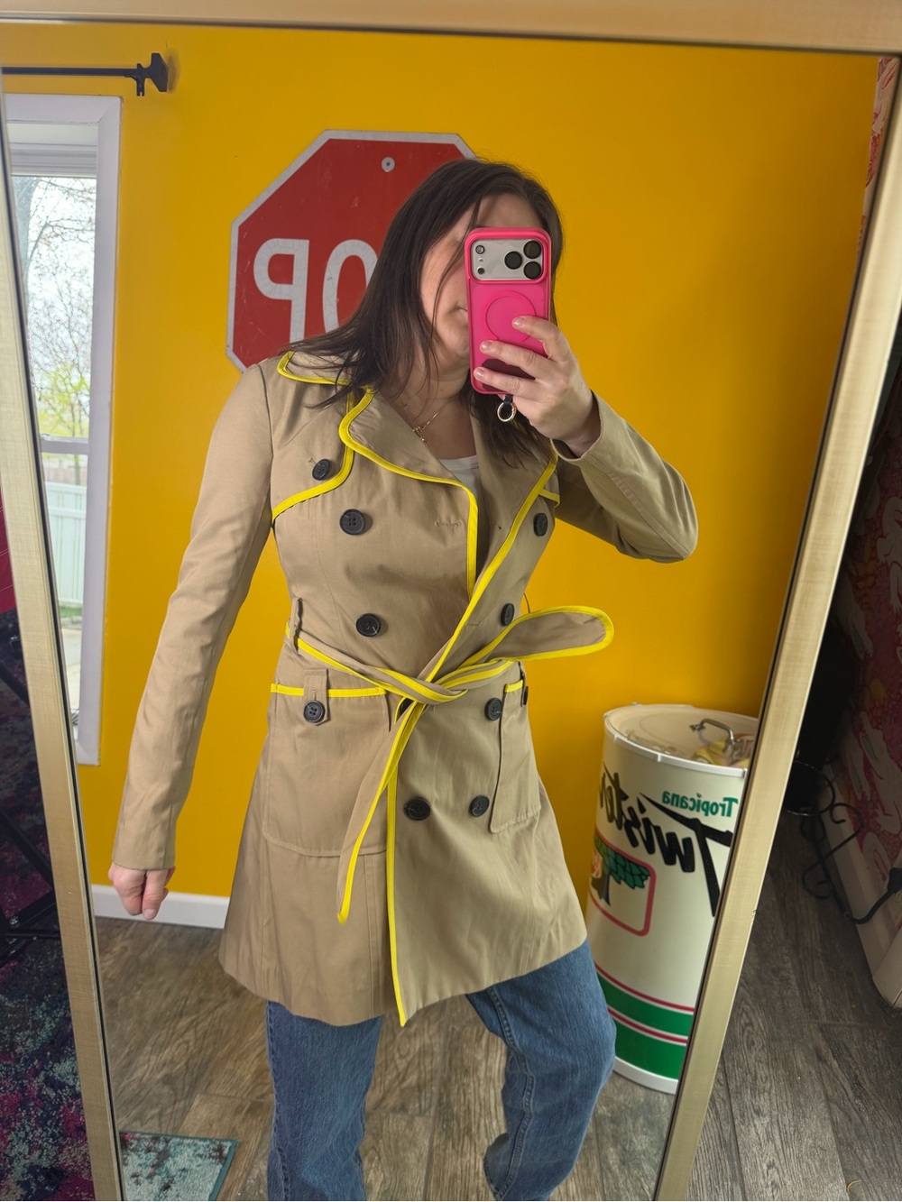 BCBG  generation Women's Trench Coat Size XS Tan & Yellow Belted Cotton Blend